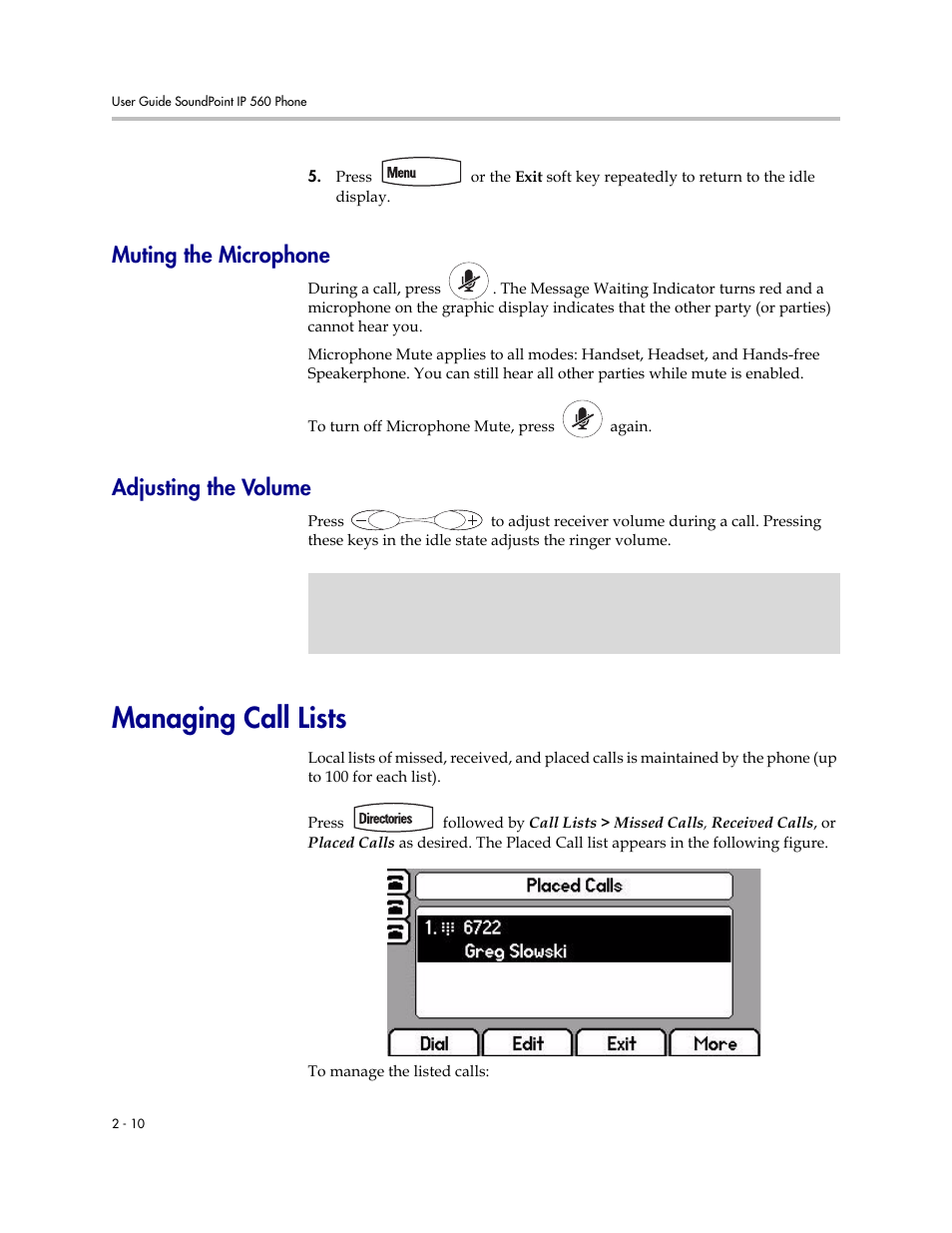 Muting the microphone, Adjusting the volume, Managing call lists | Muting the microphone –10 adjusting the volume –10, Managing call lists –10 | Polycom 560 User Manual | Page 30 / 90