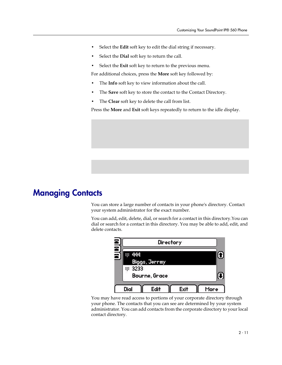 Managing contacts, Managing contacts –11 | Polycom 560 User Manual | Page 31 / 90