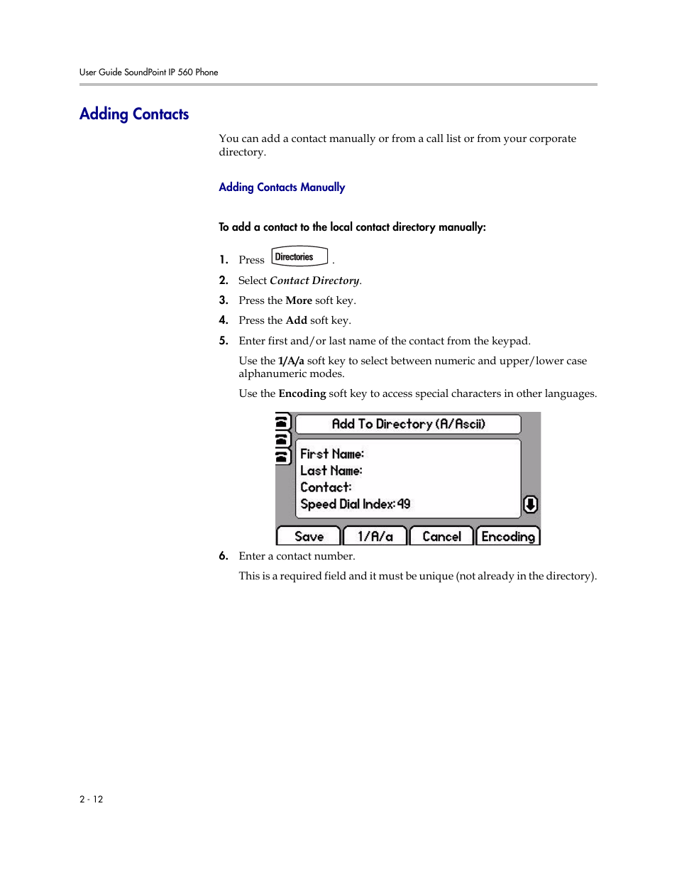 Adding contacts, Adding contacts –12 | Polycom 560 User Manual | Page 32 / 90