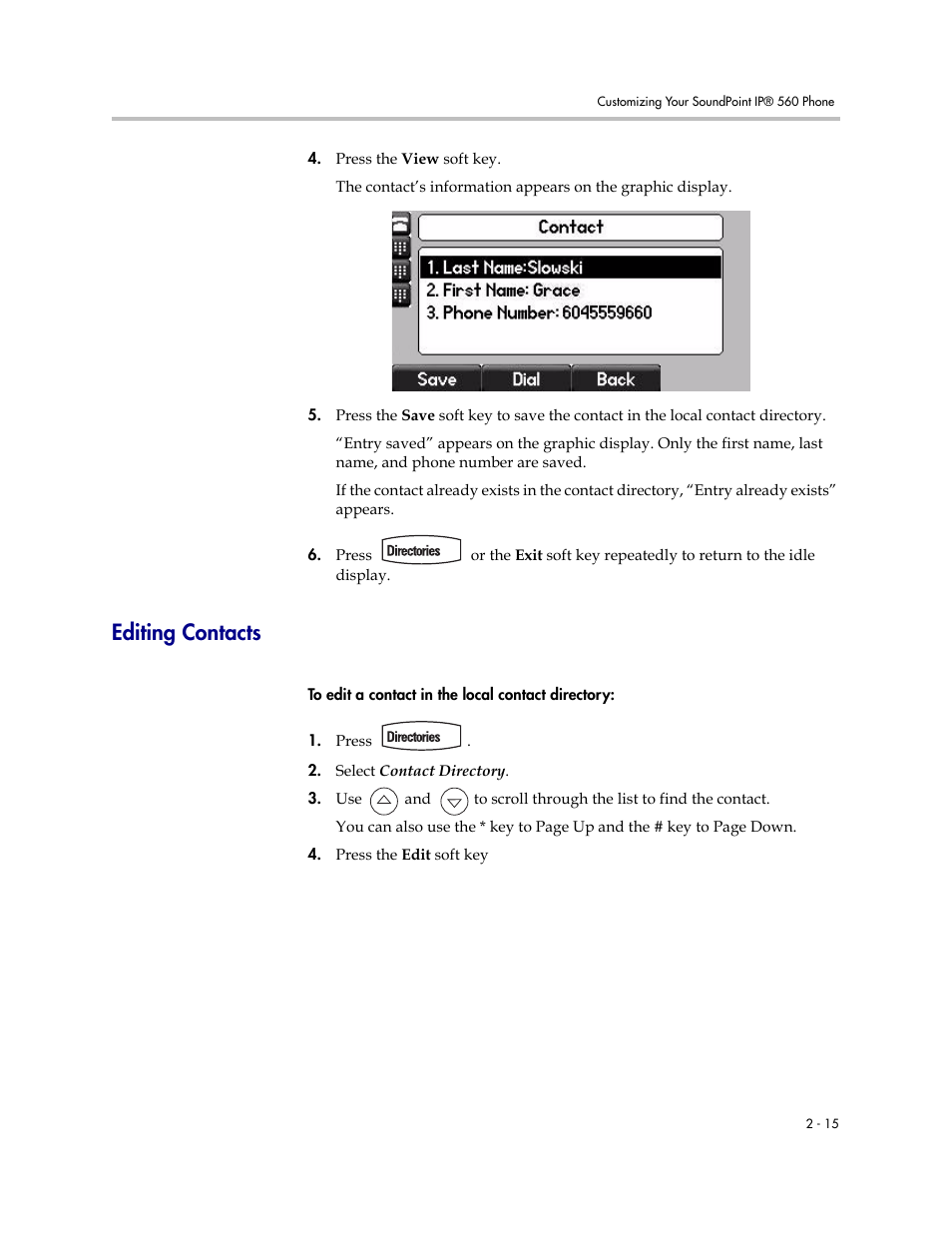 Editing contacts, Editing contacts –15 | Polycom 560 User Manual | Page 35 / 90