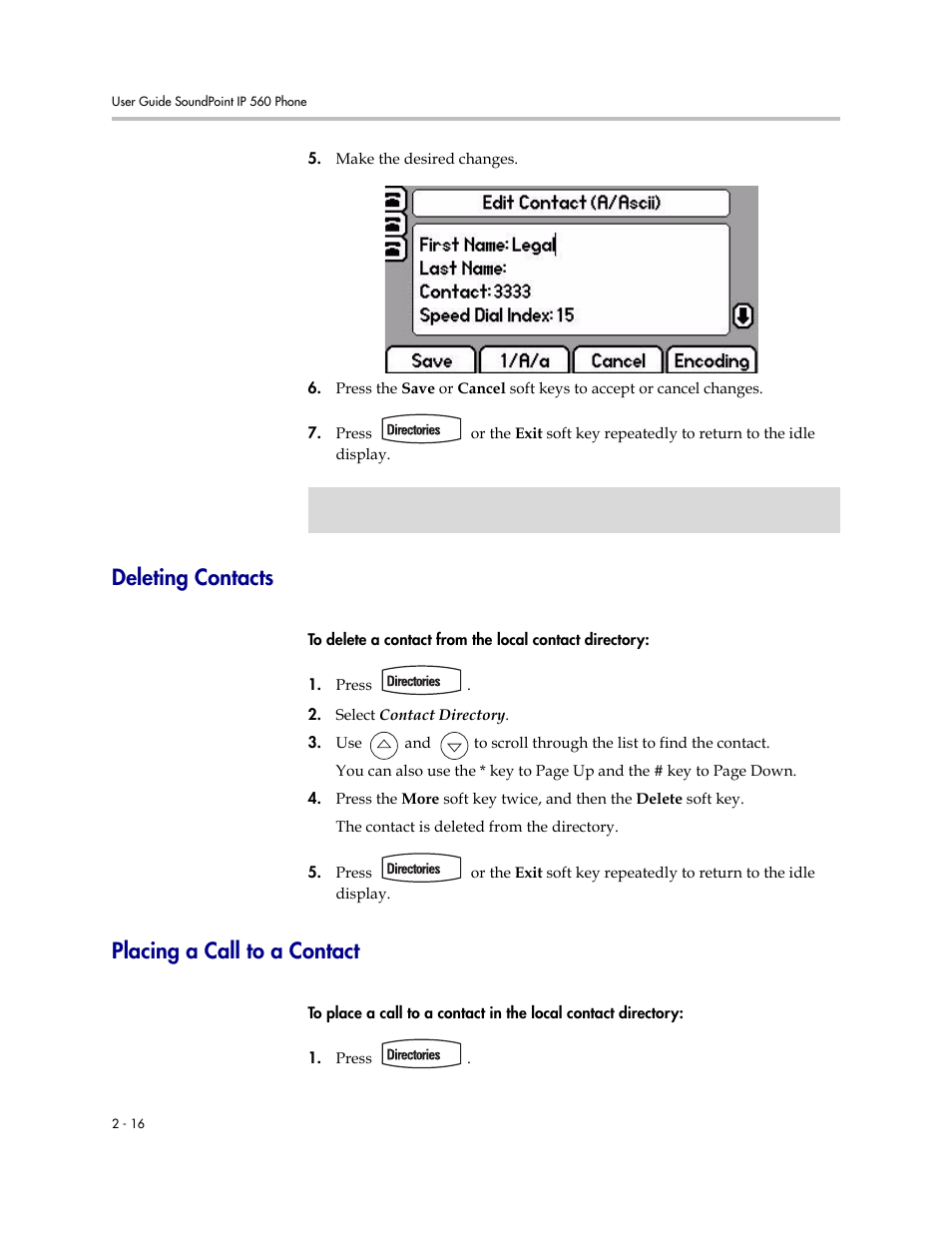 Deleting contacts, Placing a call to a contact | Polycom 560 User Manual | Page 36 / 90