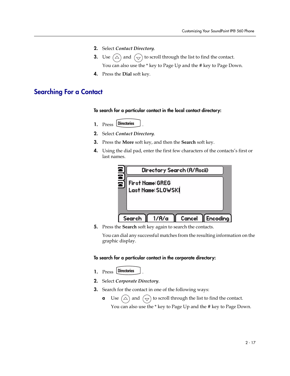 Searching for a contact, Searching for a contact –17 | Polycom 560 User Manual | Page 37 / 90