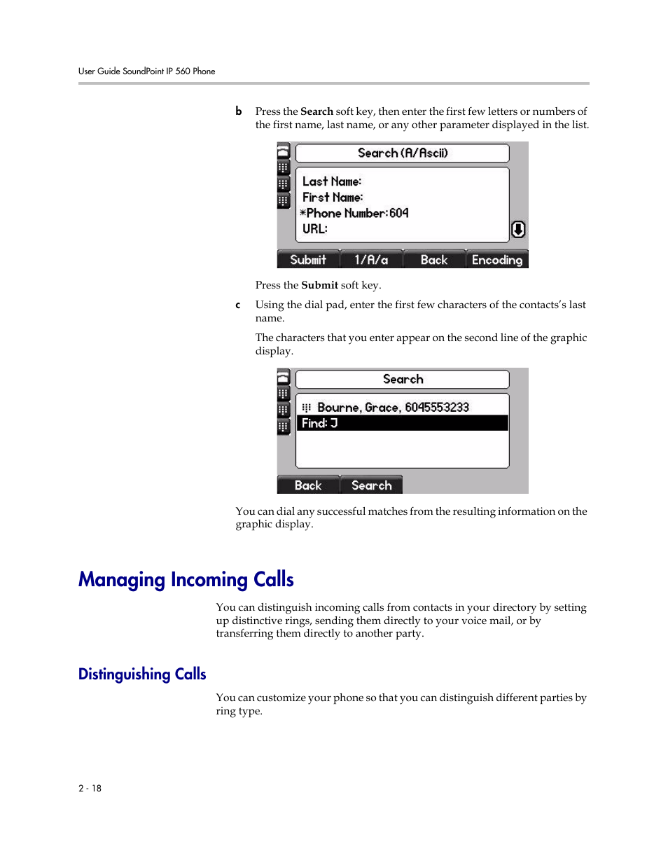 Managing incoming calls, Distinguishing calls, Managing incoming calls –18 | Distinguishing calls –18 | Polycom 560 User Manual | Page 38 / 90