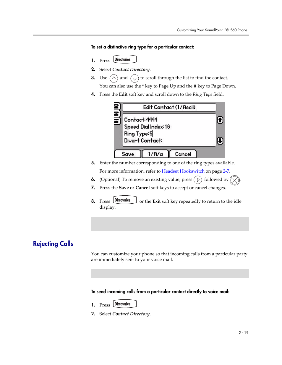 Rejecting calls, Rejecting calls –19, Rejecting | Calls | Polycom 560 User Manual | Page 39 / 90