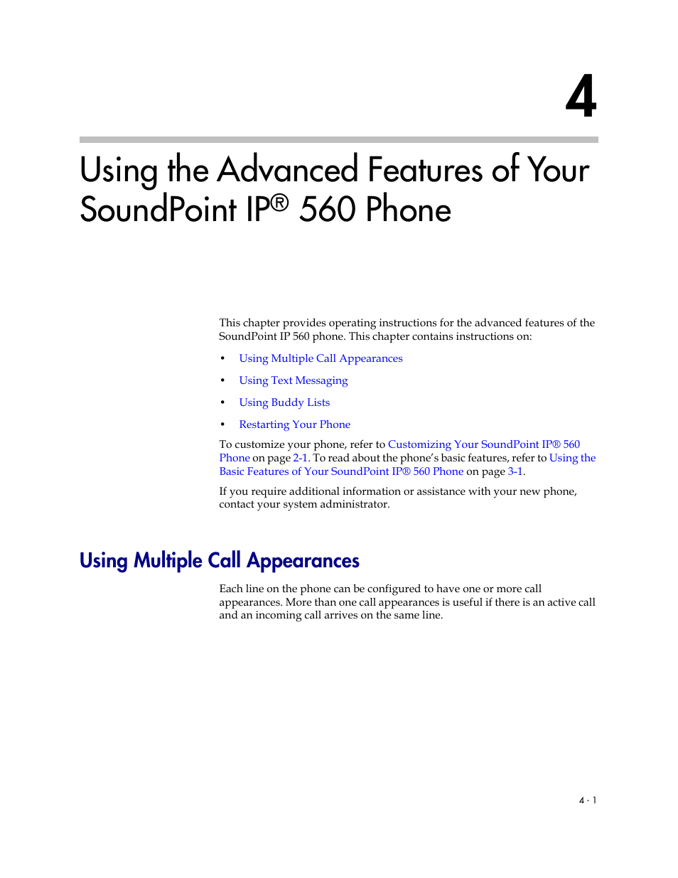 Using multiple call appearances, Phone –1, Using multiple call appearances –1 | Using the advanced features of your, Soundpoint ip® 560 phone, Using the advanced features of your soundpoint, Ip® 560 phone, Using, Multiple call appearances, Using the advanced features of your soundpoint ip | Polycom 560 User Manual | Page 67 / 90