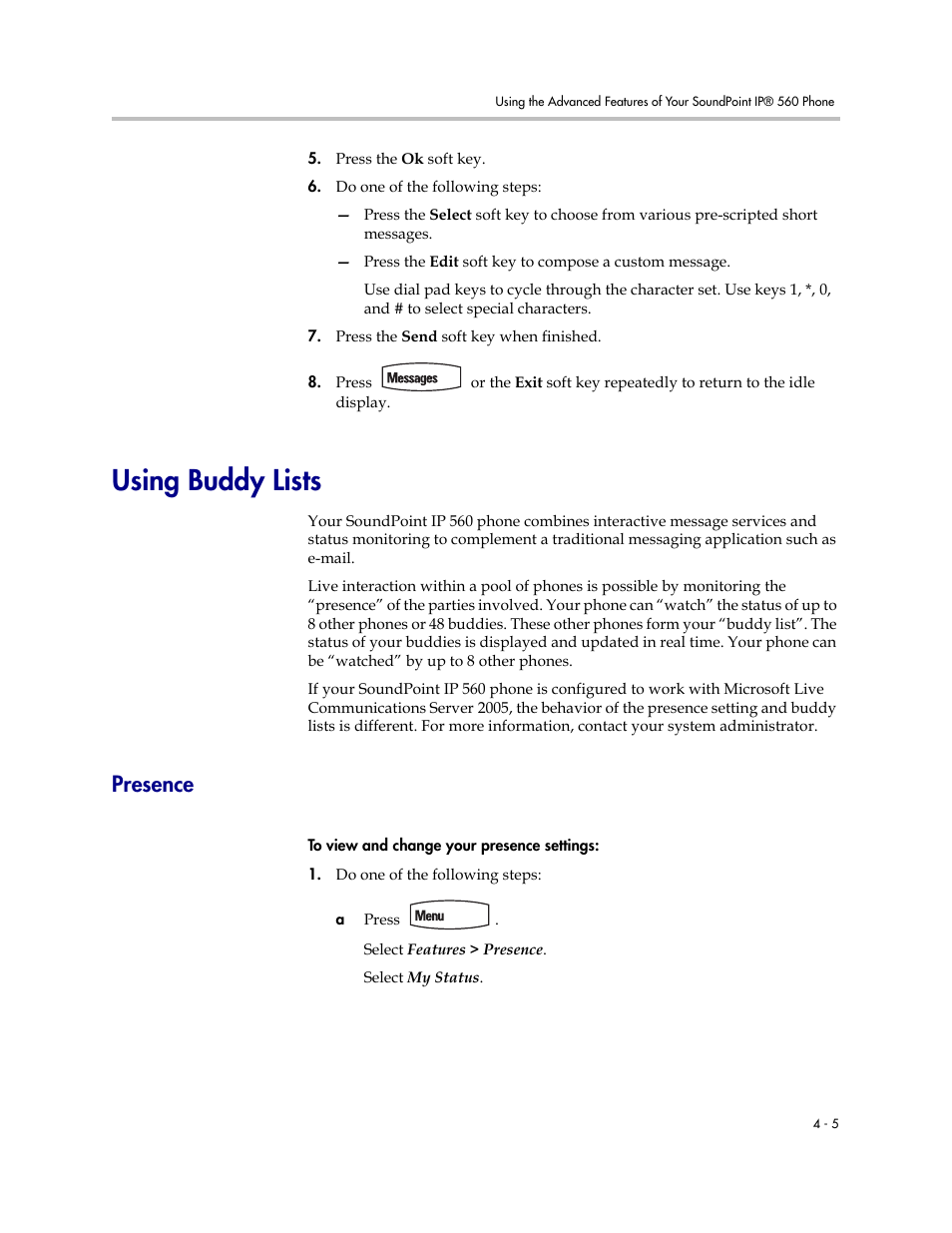 Using buddy lists, Presence, Using buddy lists –5 | Presence –5 | Polycom 560 User Manual | Page 71 / 90