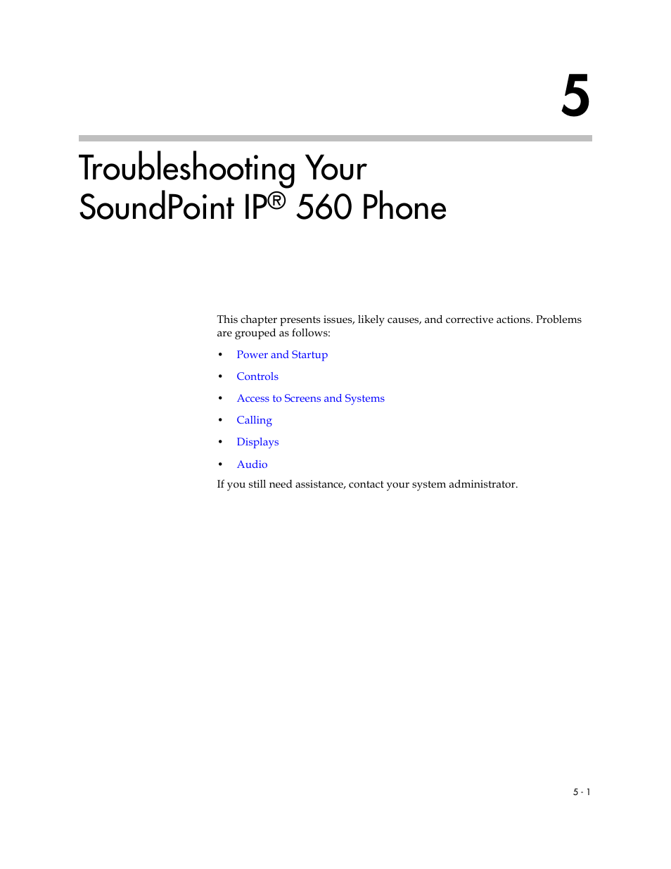 Troubleshooting your soundpoint ip® 560 phone, 5 troubleshooting your soundpoint ip® 560 phone –1, Troubleshooting your soundpoint ip | 560 phone | Polycom 560 User Manual | Page 77 / 90