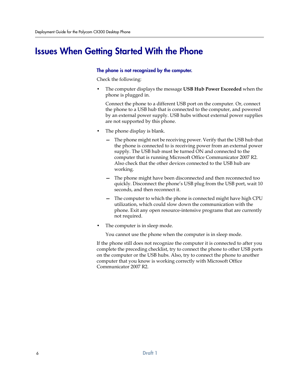 Issues when getting started with the phone | Polycom CX300 User Manual | Page 12 / 20