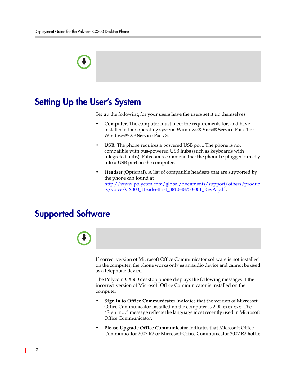 Setting up the user’s system, Supported software, Setting up the user’s system supported software | Polycom CX300 User Manual | Page 8 / 20