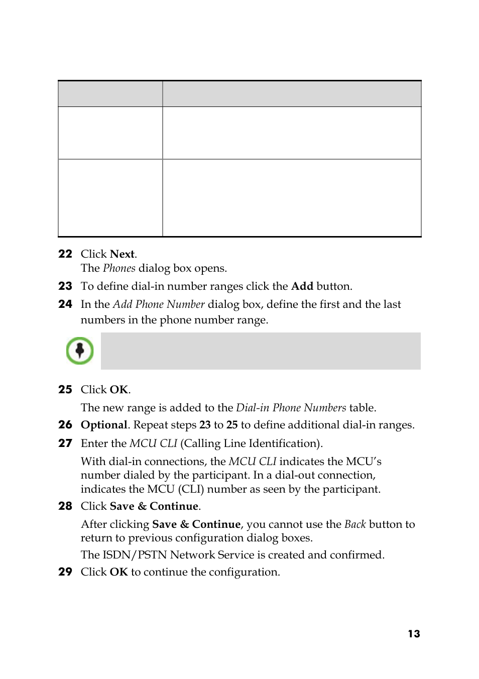 27 enter the mcu cli (calling line identification), 28 click save & continue, 29 click ok to continue the configuration | Polycom RMX 1500 User Manual | Page 13 / 20