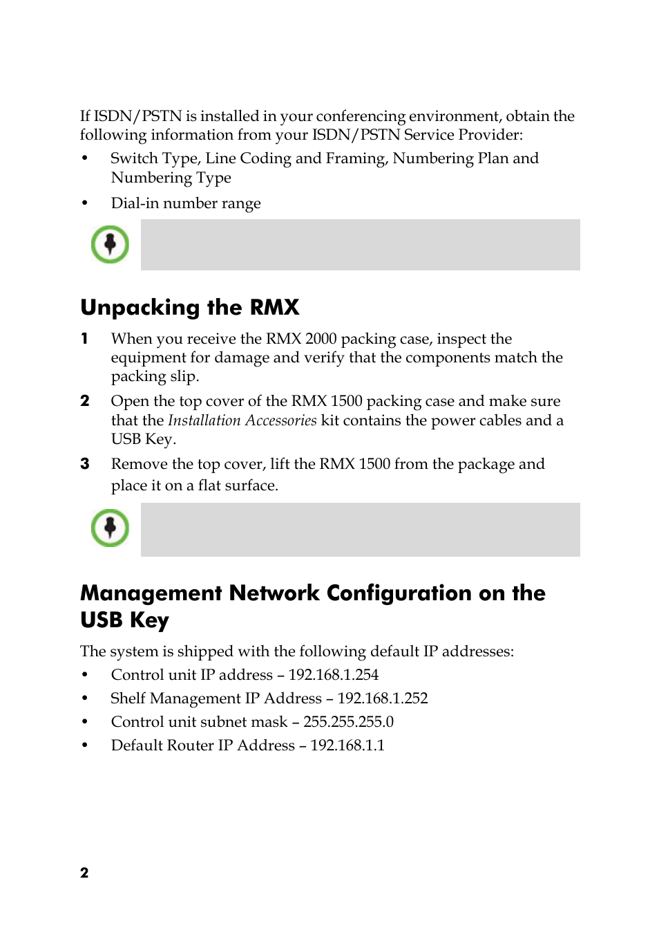 Unpacking the rmx, Management network configuration on the usb key | Polycom RMX 1500 User Manual | Page 2 / 20
