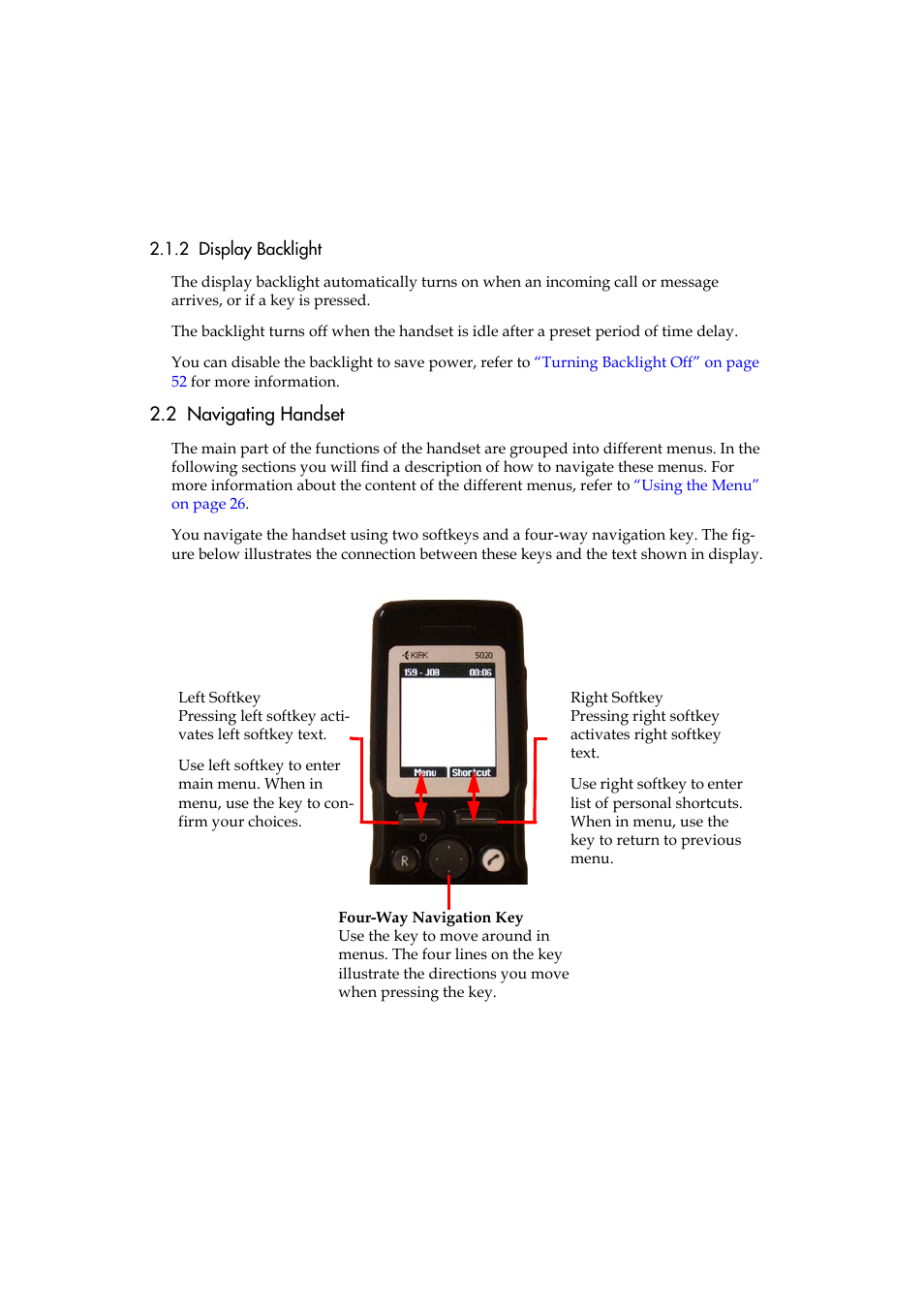 2 display backlight, 2 navigating handset, Navigating handset” on | Polycom KIRK 5040 User Manual | Page 17 / 71