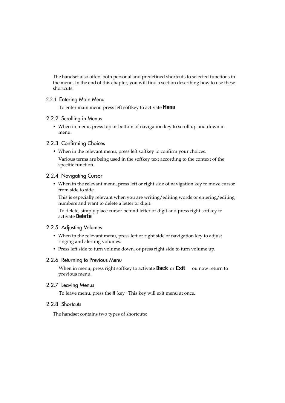 1 entering main menu, 2 scrolling in menus, 3 confirming choices | 4 navigating cursor, 5 adjusting volumes, 6 returning to previous menu, 7 leaving menus, 8 shortcuts | Polycom KIRK 5040 User Manual | Page 18 / 71