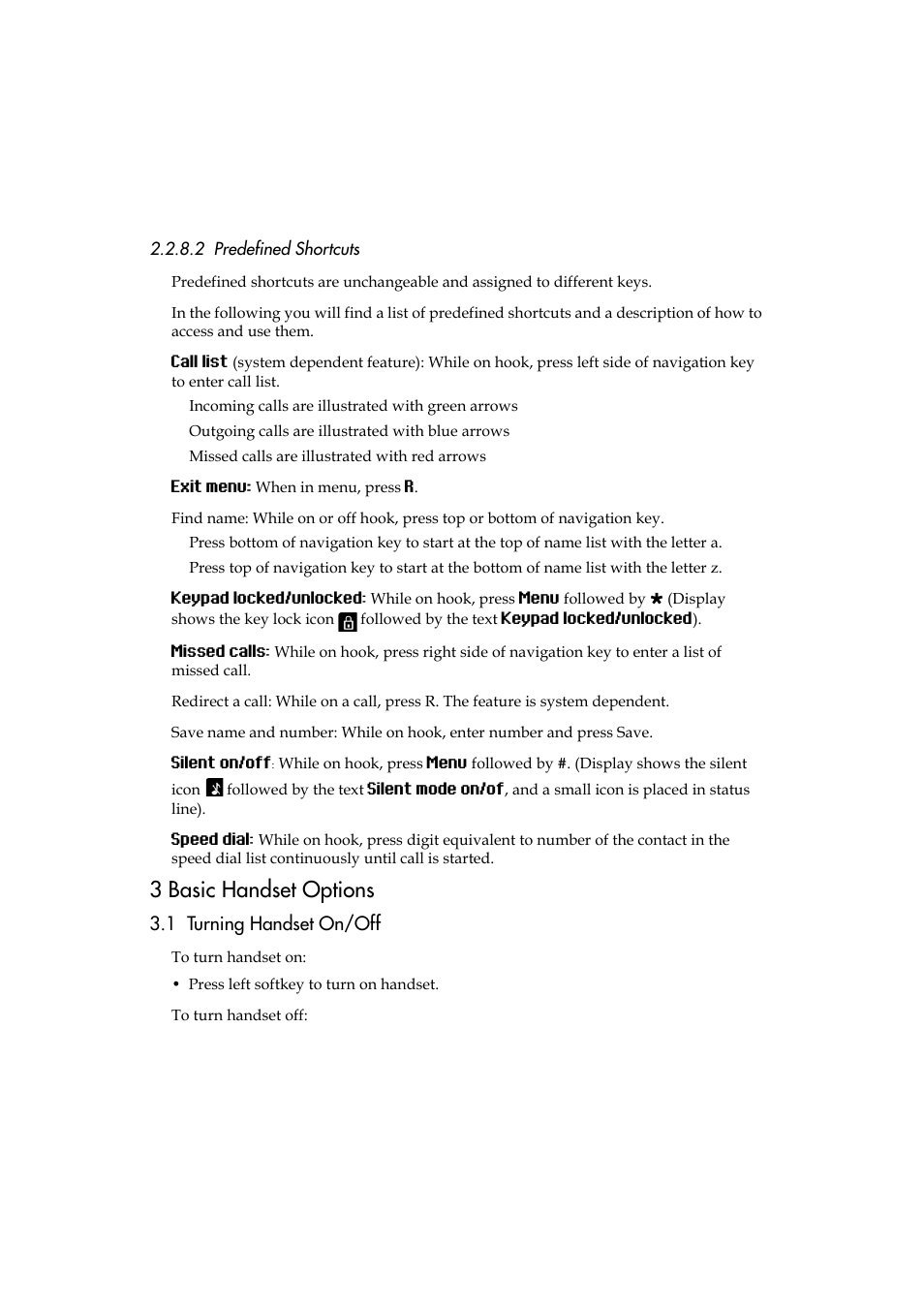 2 predefined shortcuts, 3 basic handset options, 1 turning handset on/off | Polycom KIRK 5040 User Manual | Page 20 / 71