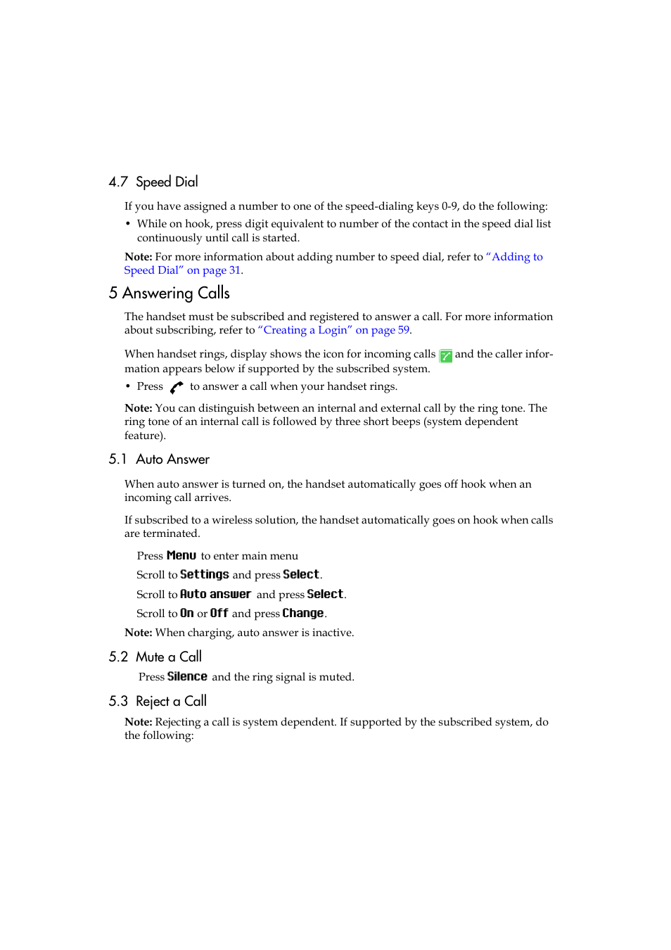 7 speed dial, 5 answering calls, 1 auto answer | 2 mute a call, 3 reject a call, 1 auto answer 5.2 mute a call 5.3 reject a call | Polycom KIRK 5040 User Manual | Page 24 / 71