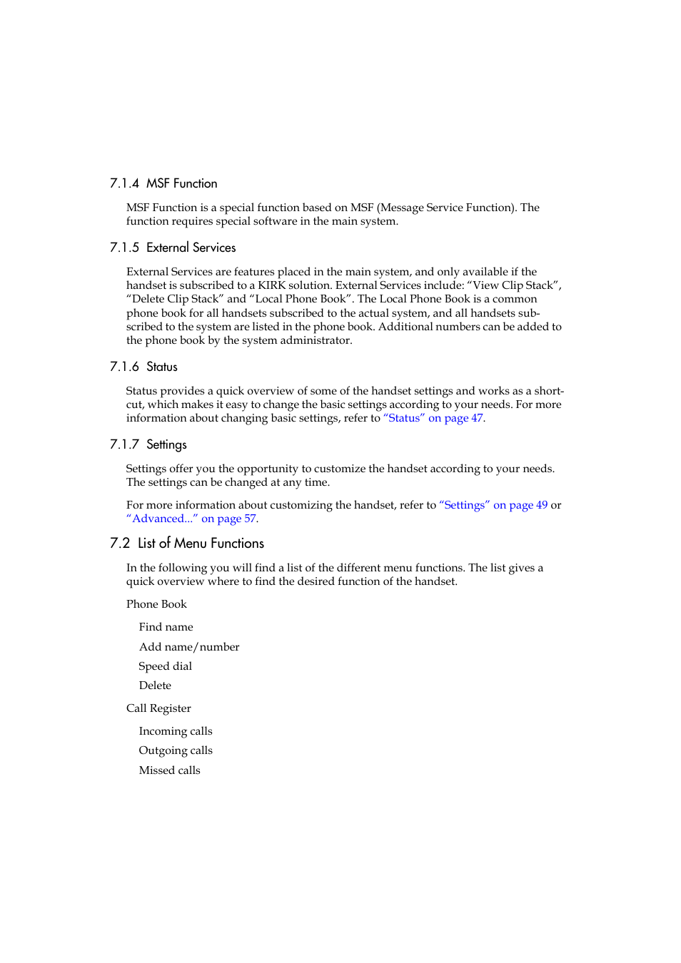 4 msf function, 5 external services, 6 status | 7 settings, 2 list of menu functions, List of | Polycom KIRK 5040 User Manual | Page 27 / 71