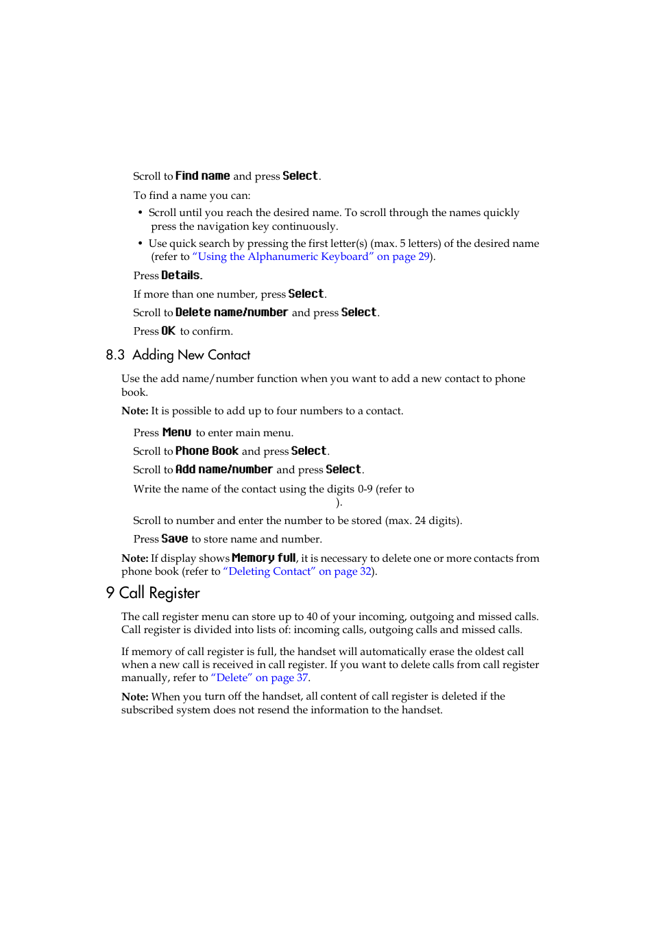 3 adding new contact, 9 call register | Polycom KIRK 5040 User Manual | Page 33 / 71