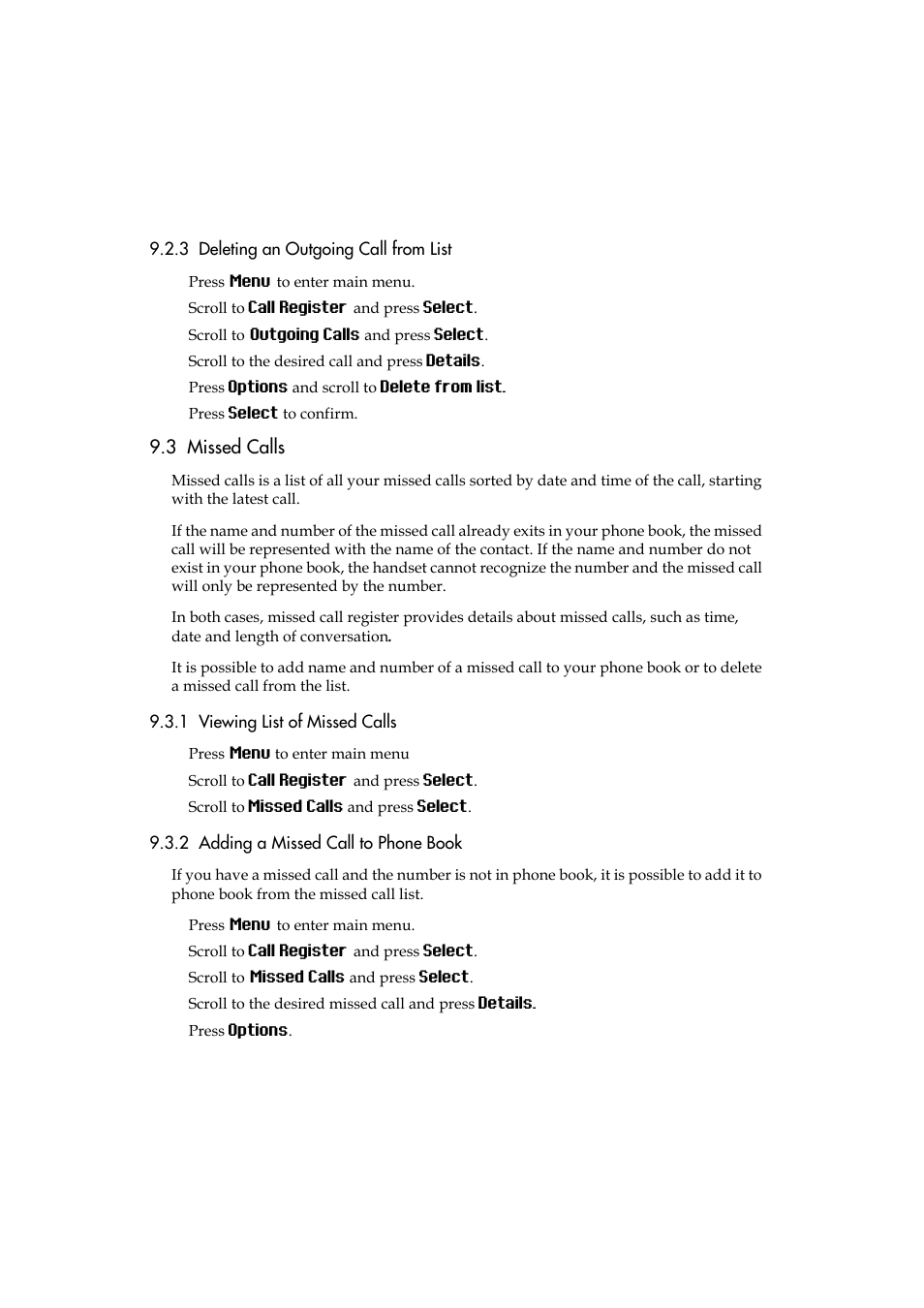 3 deleting an outgoing call from list, 3 missed calls, 1 viewing list of missed calls | 2 adding a missed call to phone book | Polycom KIRK 5040 User Manual | Page 36 / 71