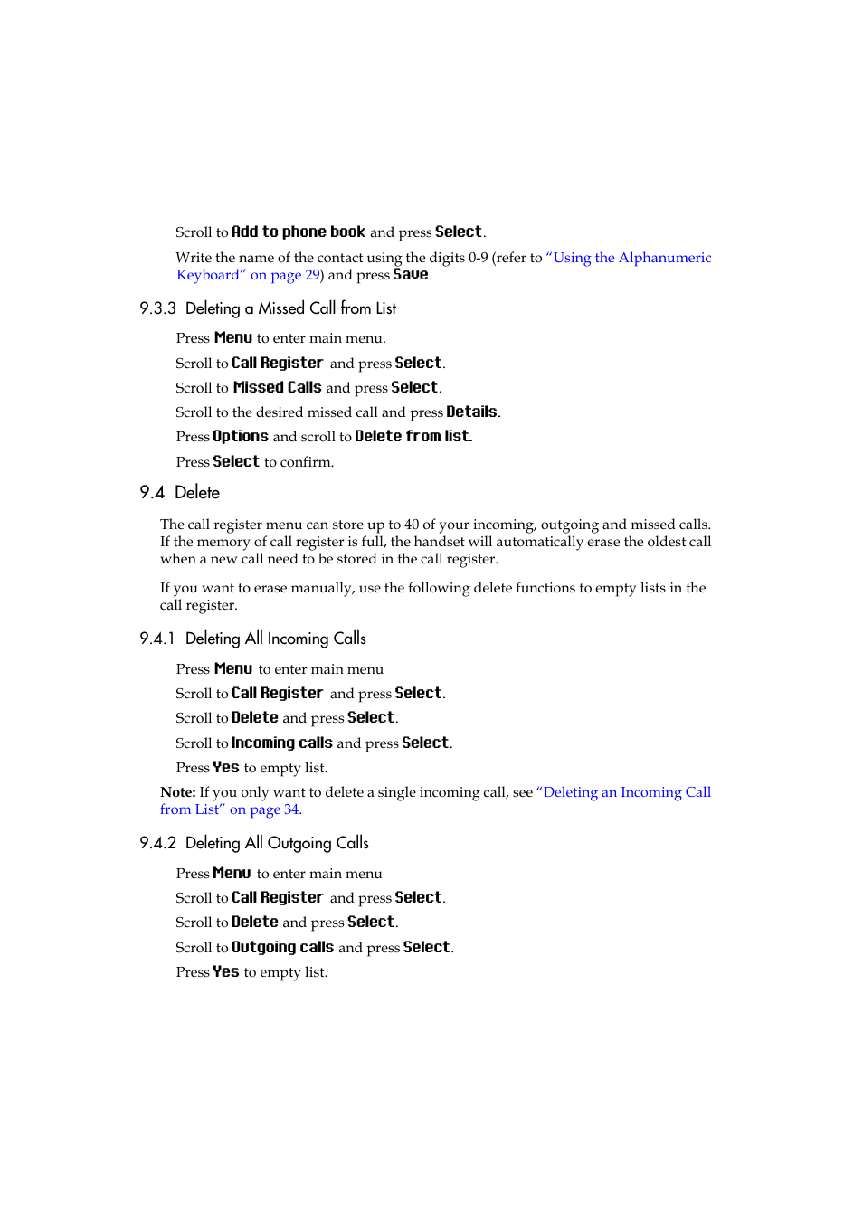 3 deleting a missed call from list, 4 delete, 1 deleting all incoming calls | 2 deleting all outgoing calls | Polycom KIRK 5040 User Manual | Page 37 / 71