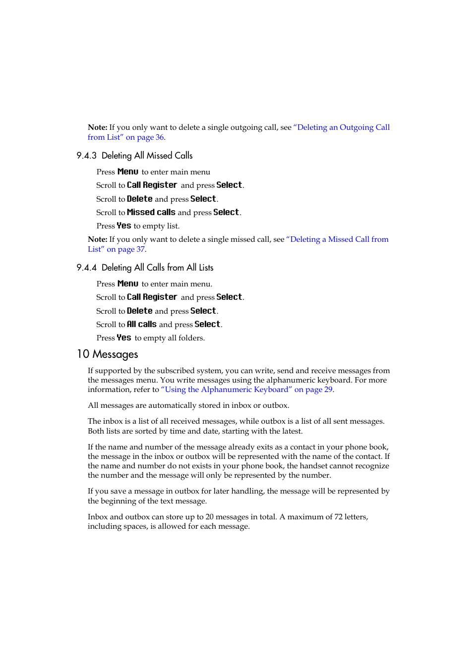 3 deleting all missed calls, 4 deleting all calls from all lists, 10 messages | Polycom KIRK 5040 User Manual | Page 38 / 71