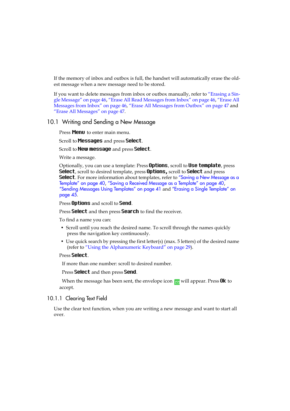 1 writing and sending a new message, 1 clearing text field | Polycom KIRK 5040 User Manual | Page 39 / 71