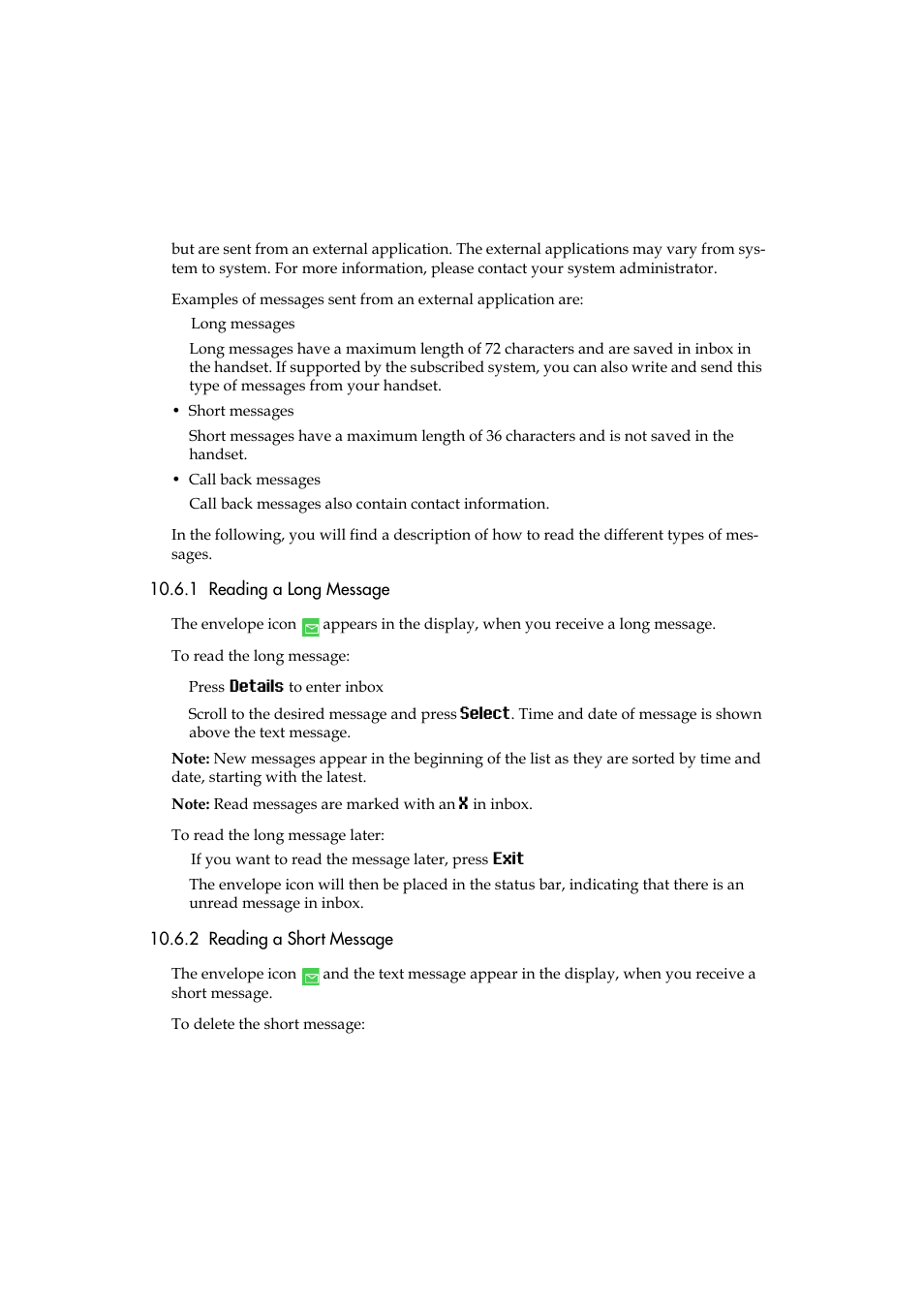 1 reading a long message, 2 reading a short message, Reading a long message | Polycom KIRK 5040 User Manual | Page 42 / 71