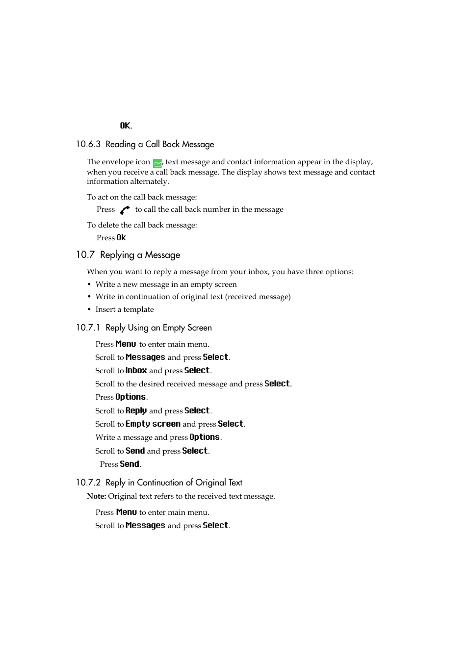 3 reading a call back message, 7 replying a message, 1 reply using an empty screen | 2 reply in continuation of original text | Polycom KIRK 5040 User Manual | Page 43 / 71