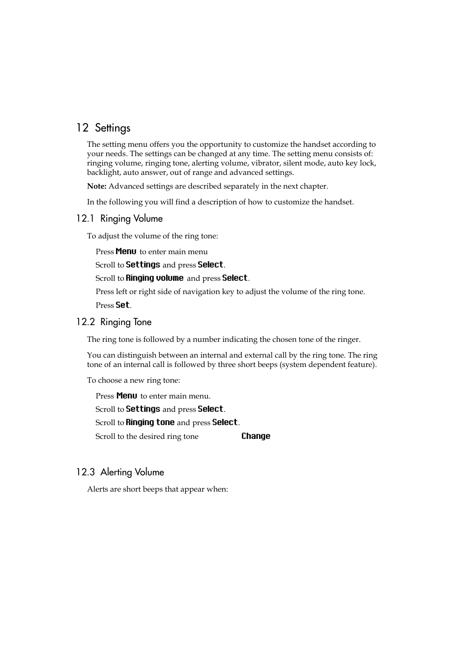 12 settings, 1 ringing volume, 2 ringing tone | 3 alerting volume, R to, Ringing volume” on | Polycom KIRK 5040 User Manual | Page 49 / 71