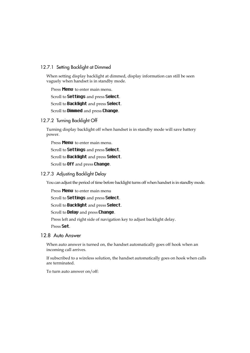 1 setting backlight at dimmed, 2 turning backlight off, 3 adjusting backlight delay | 8 auto answer, Auto answer | Polycom KIRK 5040 User Manual | Page 52 / 71