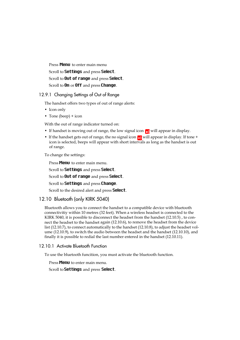 1 changing settings of out of range, 10 bluetooth (only kirk 5040), 1 activate bluetooth function | Polycom KIRK 5040 User Manual | Page 54 / 71