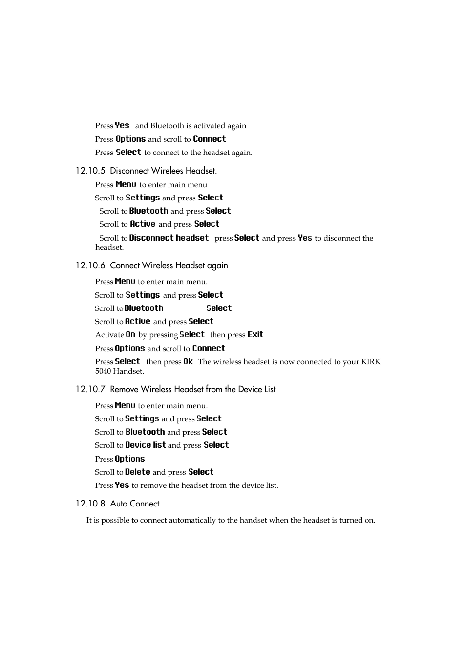 5 disconnect wirelees headset, 6 connect wireless headset again, 7 remove wireless headset from the device list | 8 auto connect | Polycom KIRK 5040 User Manual | Page 56 / 71