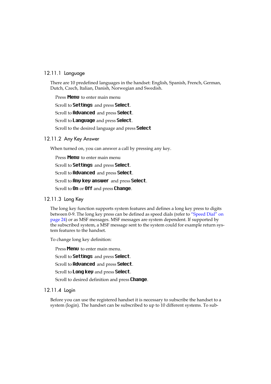 1 language, 2 any key answer, 3 long key | 4 login, Scroll to on or off | Polycom KIRK 5040 User Manual | Page 58 / 71