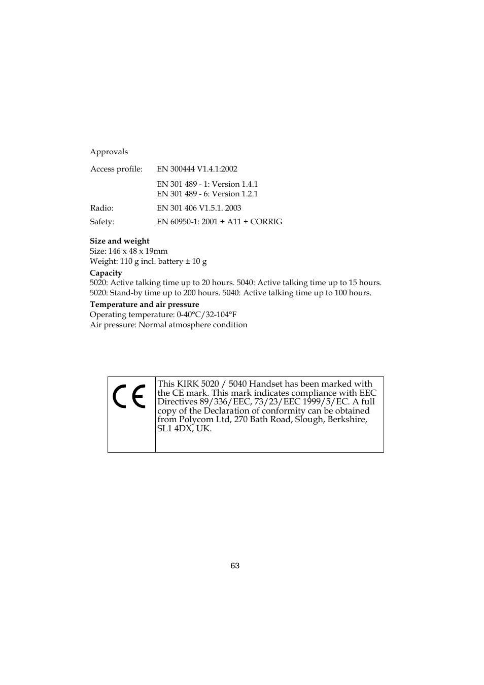 2 technical specification, 3 international regulatory and product information | Polycom KIRK 5040 User Manual | Page 63 / 71