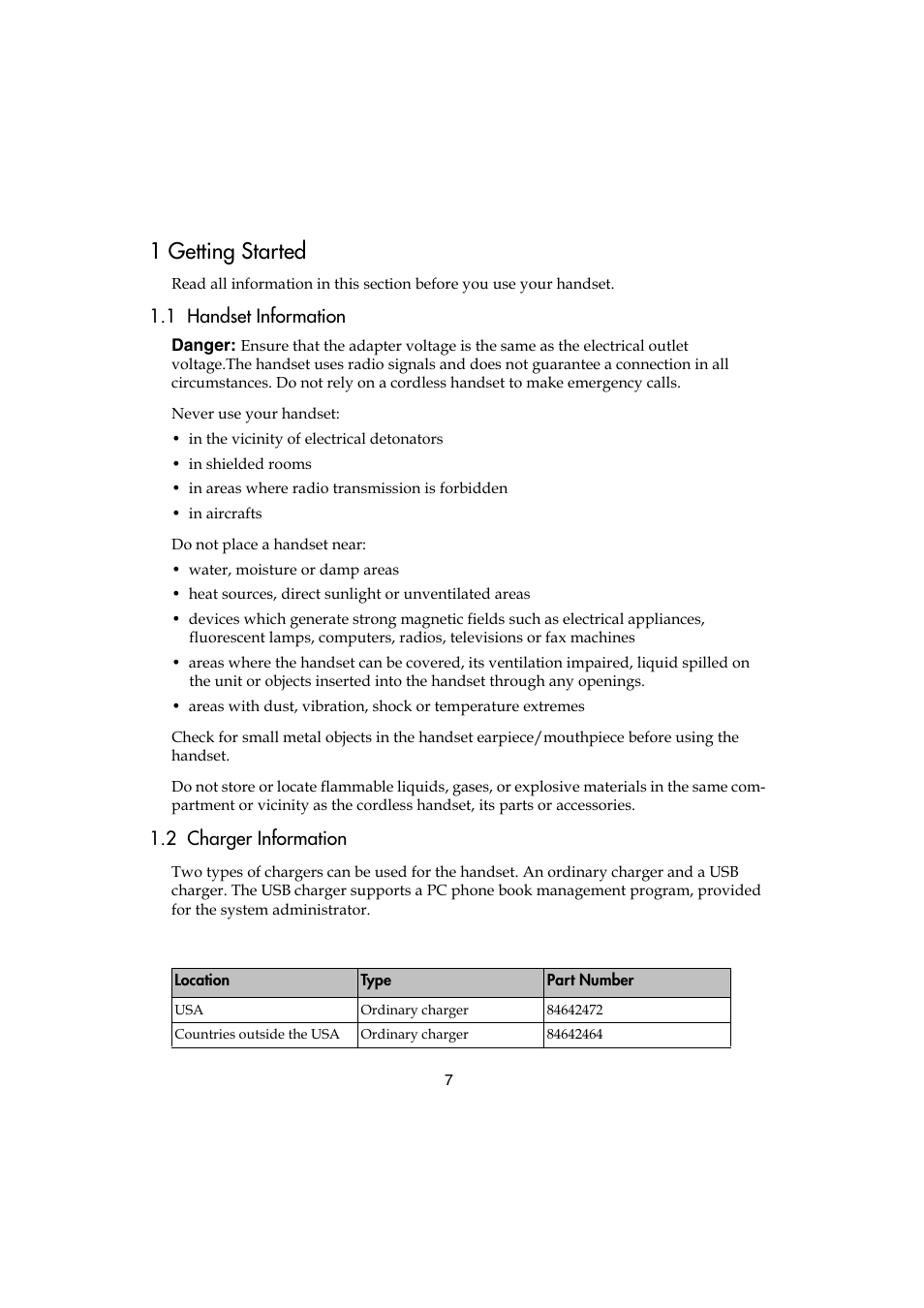 1 getting started, 1 handset information, 2 charger information | 1 handset information 1.2 charger information | Polycom KIRK 5040 User Manual | Page 7 / 71