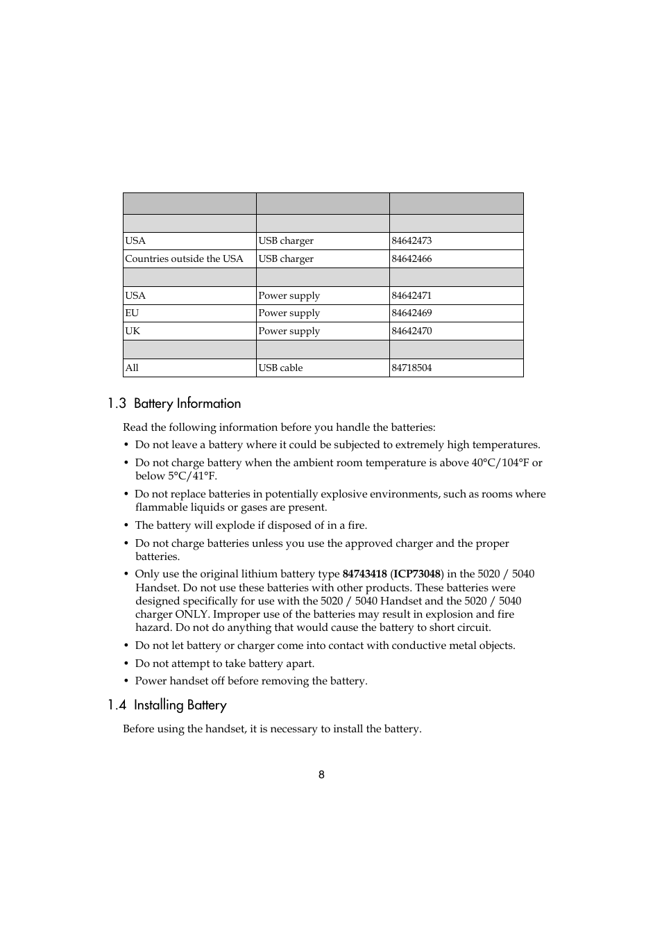 3 battery information, 4 installing battery, 3 battery information 1.4 installing battery | Polycom KIRK 5040 User Manual | Page 8 / 71