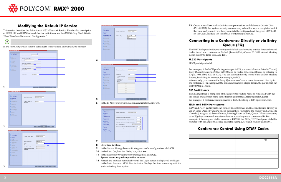 Modifying the default ip service, 8 click save & close, 10 in the reset confirmation dialog box, click yes | H.323 participants, Sip participants, Isdn and pstn participants, Conference control using dtmf codes, Rmx® 2000, Doc2566a | Polycom DOC2566A User Manual | Page 2 / 2