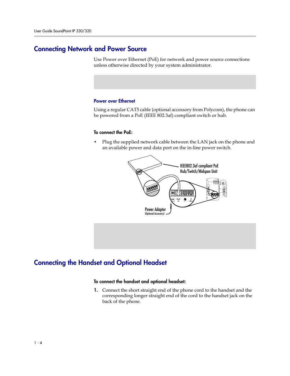 Connecting network and power source, Connecting the handset and optional headset | Polycom IP 320 User Manual | Page 12 / 78