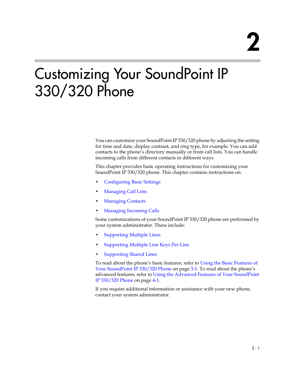 Customizing your soundpoint ip 330/320 phone, 2 customizing your soundpoint ip 330/320 phone –1, Customizing your soundpoint ip 330/320 | Phone | Polycom IP 320 User Manual | Page 21 / 78