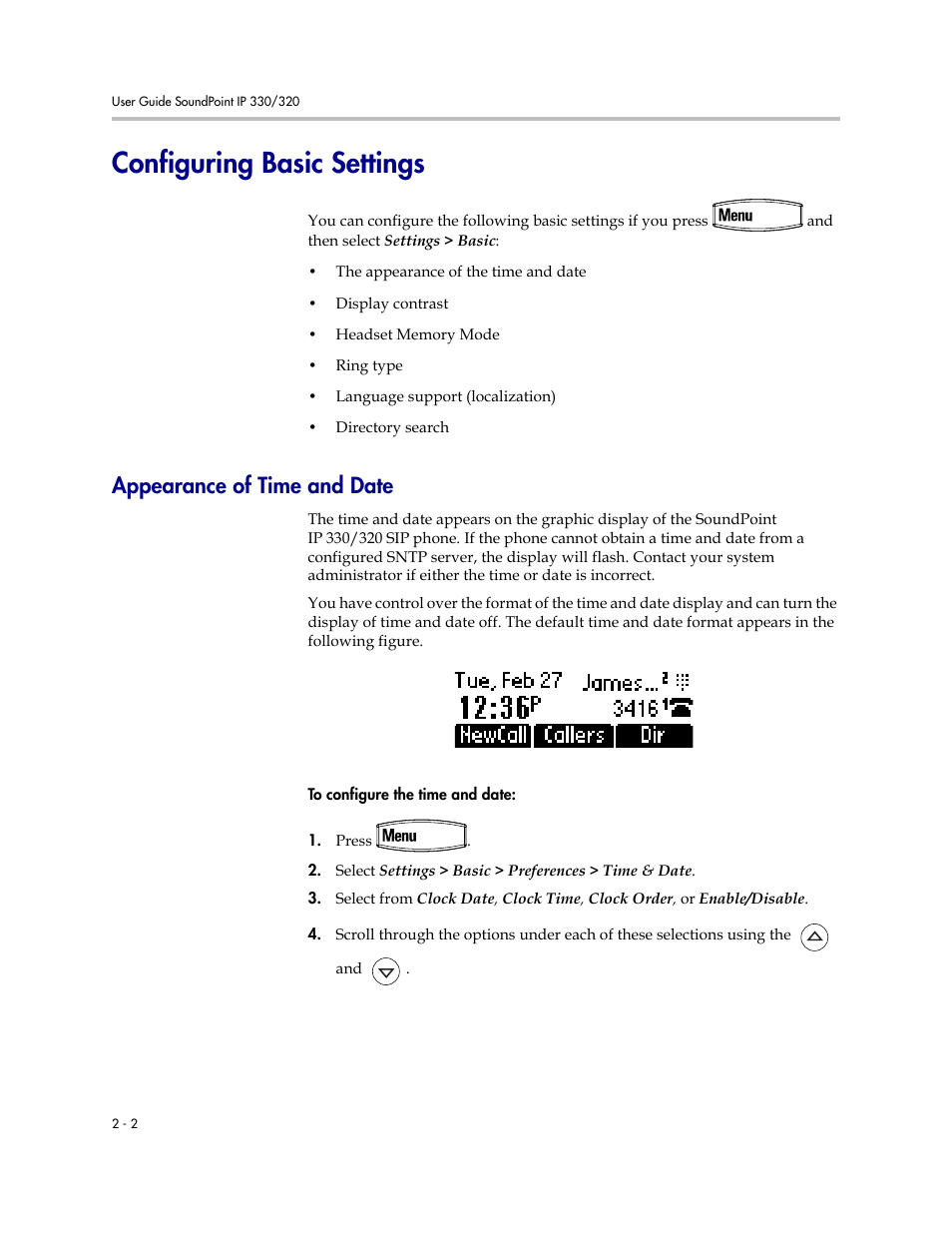 Configuring basic settings, Appearance of time and date, Configuring basic settings –2 | Appearance of time and date –2 | Polycom IP 320 User Manual | Page 22 / 78