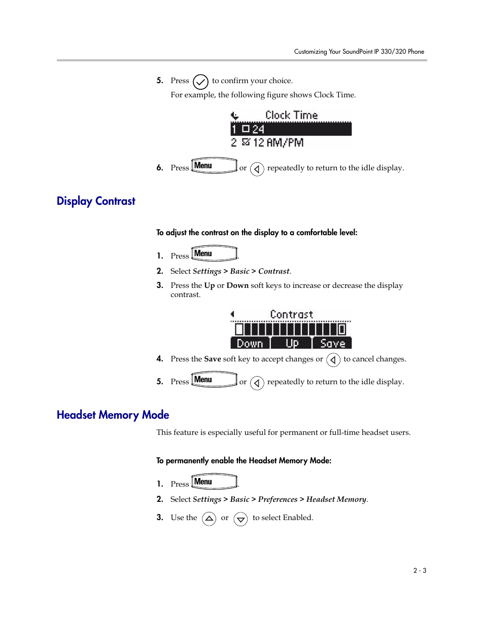 Display contrast, Headset memory mode, Display contrast –3 headset memory mode –3 | Polycom IP 320 User Manual | Page 23 / 78