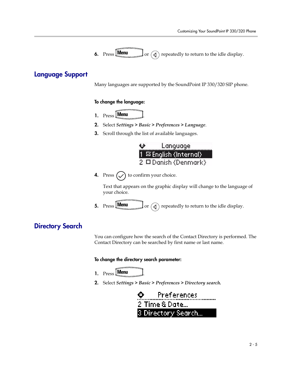 Language support, Directory search, Language support –5 directory search –5 | Polycom IP 320 User Manual | Page 25 / 78