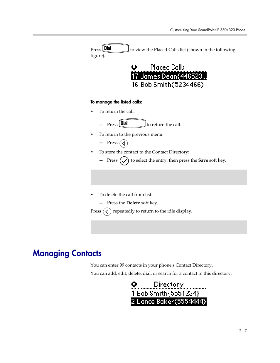 Managing contacts, Managing contacts –7 | Polycom IP 320 User Manual | Page 27 / 78