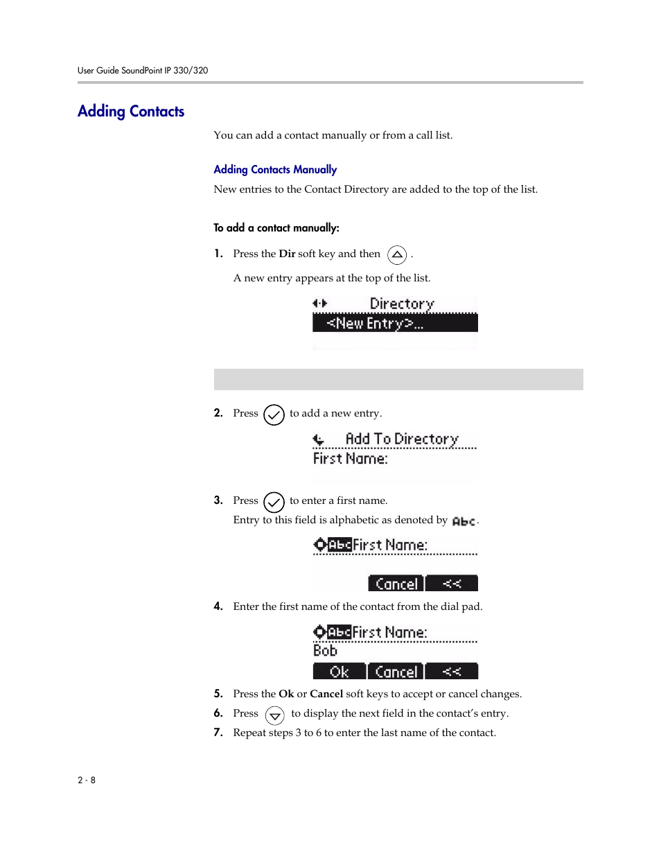 Adding contacts, Adding contacts –8 | Polycom IP 320 User Manual | Page 28 / 78