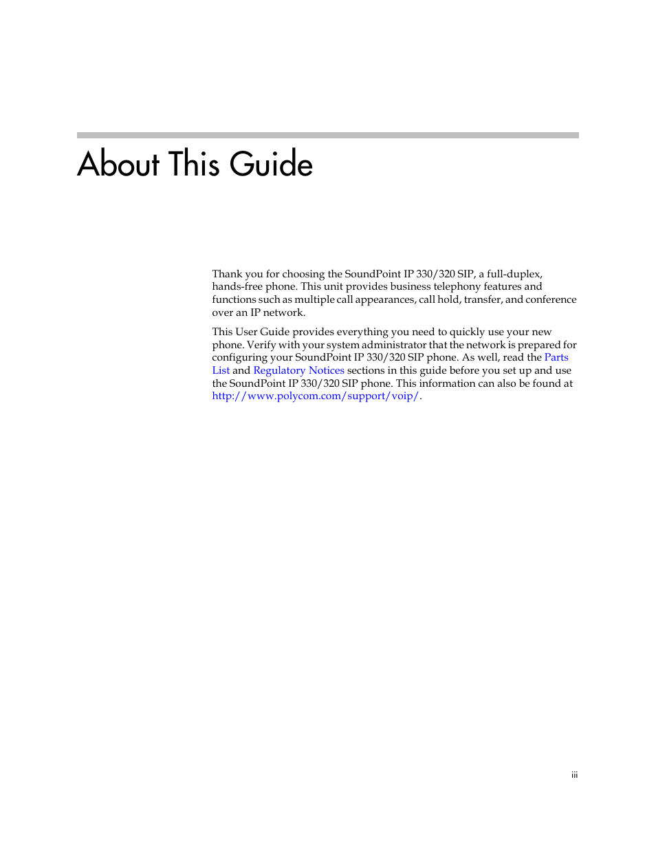 About this guide | Polycom IP 320 User Manual | Page 3 / 78