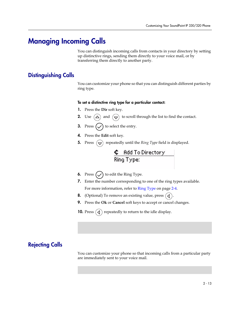 Managing incoming calls, Distinguishing calls, Rejecting calls | Managing incoming calls –13, Distinguishing calls –13 rejecting calls –13 | Polycom IP 320 User Manual | Page 33 / 78