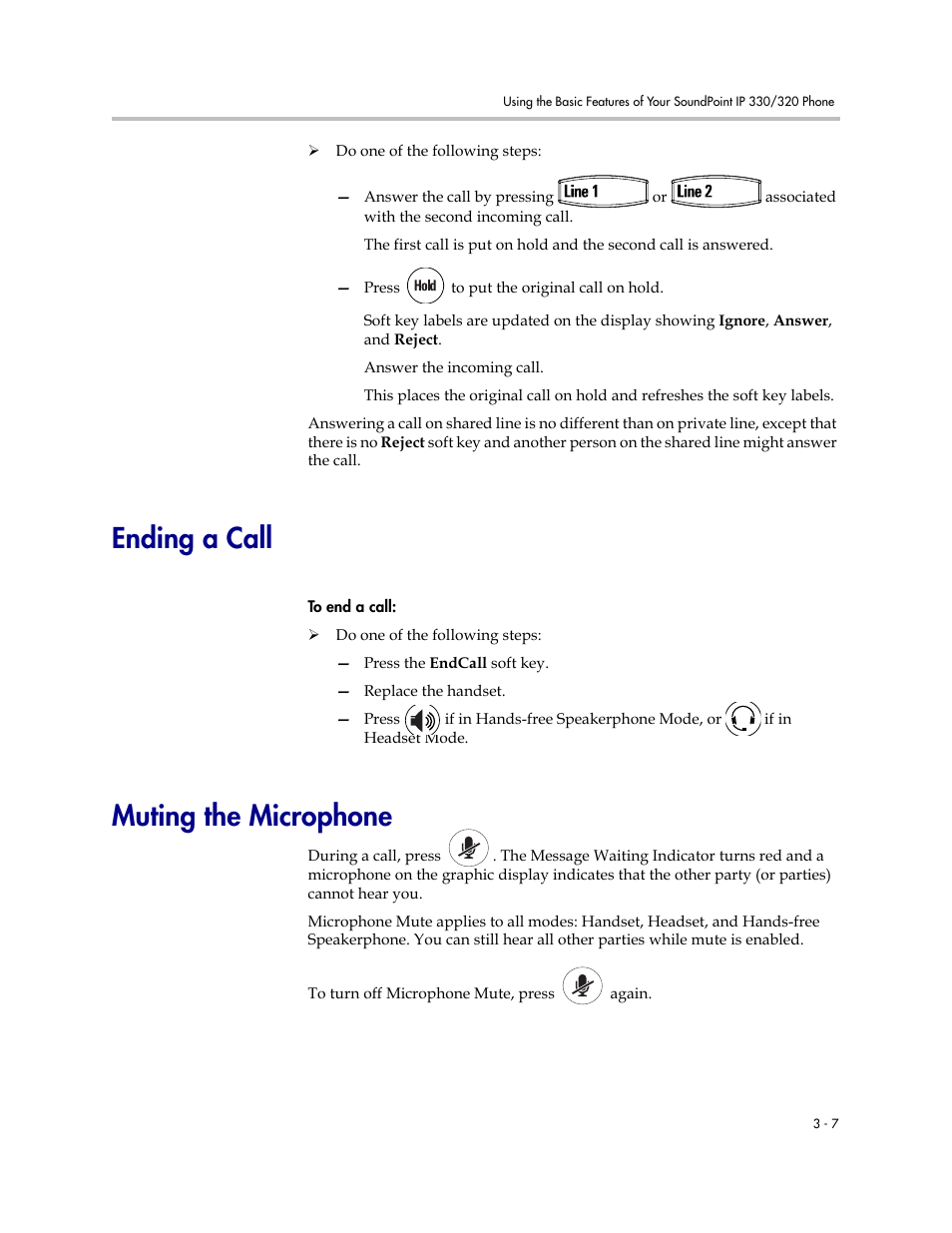 Ending a call, Muting the microphone, Ending a call –7 muting the microphone –7 | Polycom IP 320 User Manual | Page 43 / 78