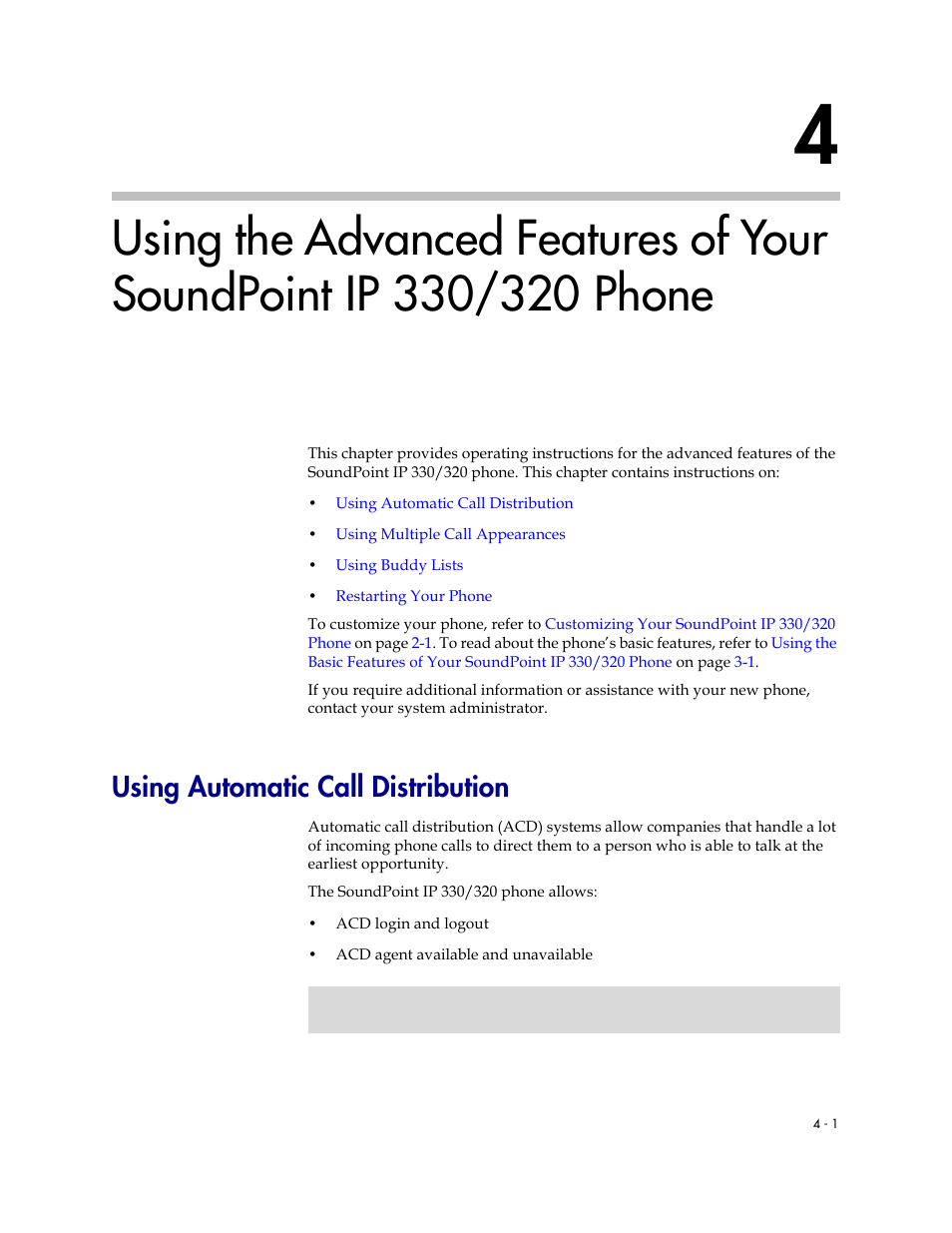 Using automatic call distribution, Phone –1, Using automatic call distribution –1 | Using the advanced features of your, Soundpoint ip 330/320 phone, Using the advanced features of your soundpoint, Ip 330/320 phone | Polycom IP 320 User Manual | Page 55 / 78