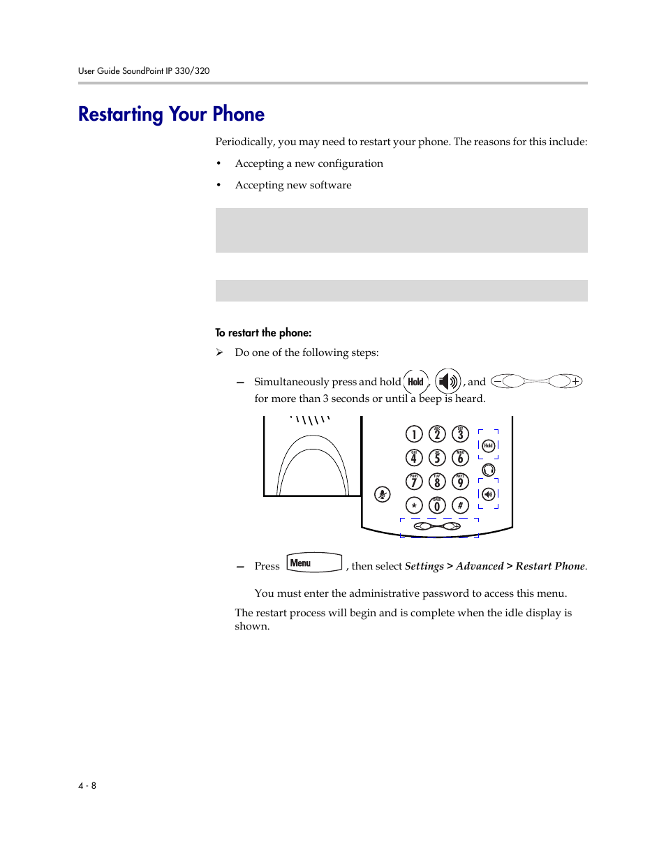 Restarting your phone, Restarting your phone –8 | Polycom IP 320 User Manual | Page 62 / 78