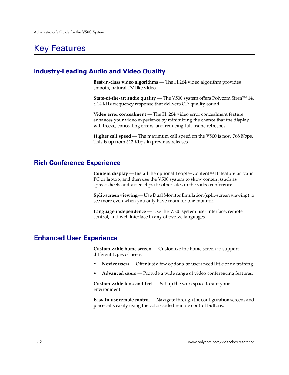 Key features, Industry-leading audio and video quality, Rich conference experience | Enhanced user experience, Key features - 2 | Polycom Audio and Video User Manual | Page 10 / 136