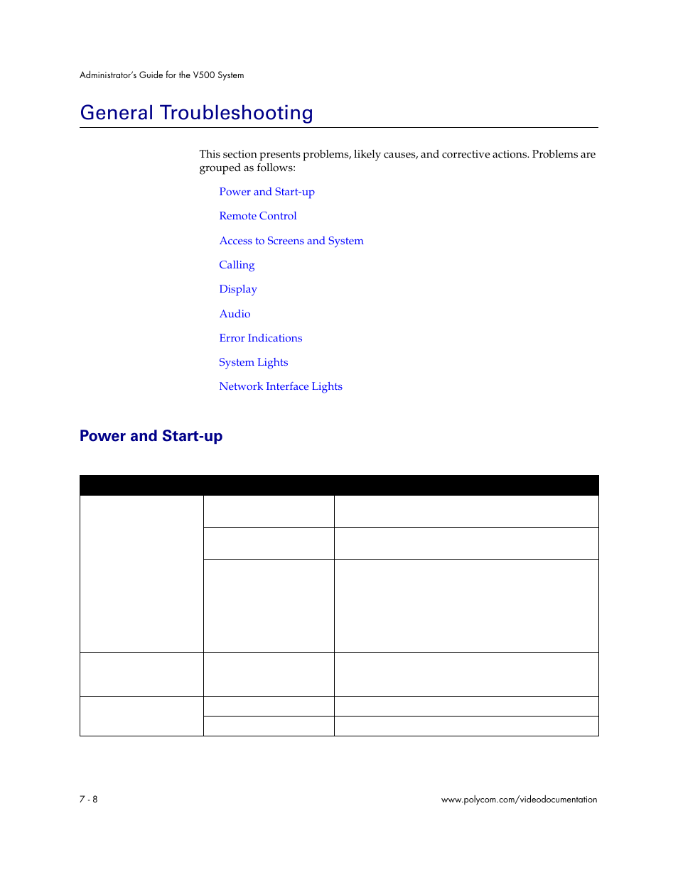 General troubleshooting, Power and start-up, General troubleshooting - 8 | Power and start-up - 8 | Polycom Audio and Video User Manual | Page 100 / 136